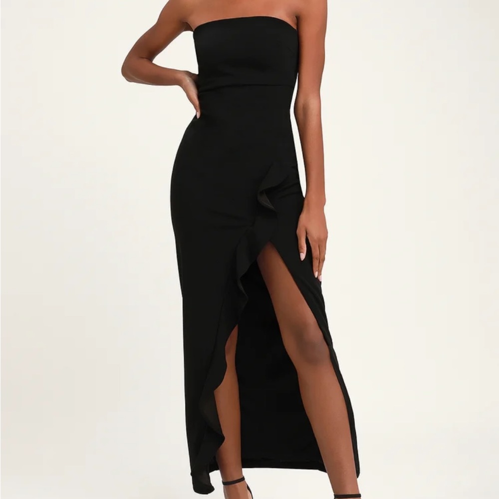 Black strapless ruffled maxi dress
